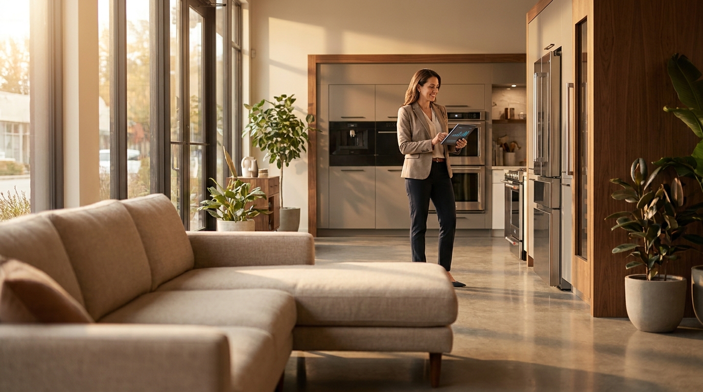 Retail manager reviewing live customer-intelligence data on the floor